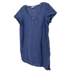 Pure Jill Linen Long Tunic Top Blue Short Sleeve Button Up Women's XS